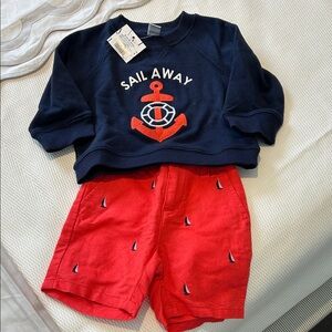 NWT JANIE AND JACK Navy Sail Away Sweatshirt and Red Shorts Set